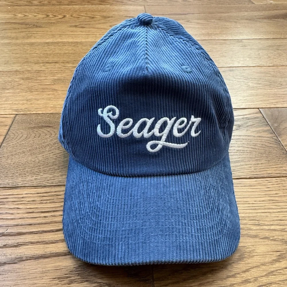 Seager Corduroy Baseball Cap in Blue with White Script - Picture 1 of 3
